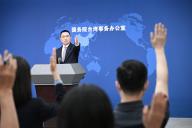 (240515) -- BEIJING, May 15, 2024 (Xinhua) -- Chen Binhua, a spokesperson for the State Council Taiwan Affairs Office, gestures at a press conference in Beijing, capital of China, May 15, 2024. (Xinhua/Chen Yehua