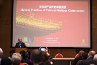 (240516) -- VALLETTA, May 16, 2024 (Xinhua) -- Wang Xudong, director of the Palace Museum and former director of the Dunhuang Academy, gives a lecture on Chinese practices of cultural heritage conservation in Valletta, Malta, on May 14, 2024. A presentation held on Tuesday in Malta showcasing China