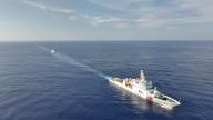 (240516) --BEIJING, May 16, 2024 (Xinhua) -- An aerial drone photo taken on May 12, 2024 shows vessels of the China Coast Guard (CCG) sailing during a training in the South China Sea. The CCG conducted a regular training during operations of rights protection and law enforcement in the waters of Huangyan Dao. (Photo by Rao Bin/Xinhua