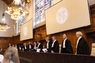 (240516) -- THE HAGUE, May 16, 2024 (Xinhua) -- Judges attend a hearing of the International Court of Justice (ICJ) at the Peace Palace in The Hague, the Netherlands, on May 16, 2024. The International Court of Justice (ICJ) opened its two-day hearings on Thursday regarding South Africa