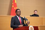 (240517) -- LUSAKA, May 17, 2024 (Xinhua) -- Zambian President Hakainde Hichilema delivers a speech during the China-Zambia High-Quality Development Forum in Lusaka, Zambia, May 15, 2024. A forum to promote cooperation between China and Zambia opened here Wednesday with China