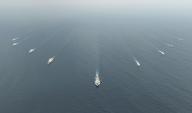 (240517) -- SOUTH CHINA SEA, May 17, 2024 (Xinhua) -- An aerial drone photo taken on May 17, 2024 shows the China Coast Guard (CCG) 3502 fleet conducting formation training in waters adjacent to China