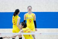(240518) -- RIO DE JANEIRO, May 18, 2024 (Xinhua) -- Zhang Changning of China celebrates during the International Volleyball Federation (FIVB) Volleyball Nations League Women\'s Pool 2 match between China and Canada in Rio de Janeiro, Brazil, May 17, 2024. (Xinhua\/Wang Tiancong
