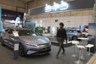 (240518) -- LISBON, May 18, 2024 (Xinhua) -- This photo taken on May 17, 2024 shows the exhibition area of BYD during the Ecar Show 2024 in Lisbon, Portugal. The event takes place from May 17 to 19. (Xinhua/Wen Xinnian