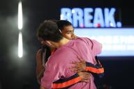 (240519) -- SHANGHAI, May 19, 2024 (Xinhua) -- Qi Xiangyu (L) of China hugs Lee-Lou Diouf Demierre of the Netherlands after the B-boys battle for first place of breaking event at the Olympic Qualifier Series in east China\'s Shanghai, May 19, 2024. (Xinhua\/Xu Yanan