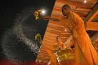 (240521) -- SINGAPORE, May 21, 2024 (Xinhua) -- Buddhist monks spray flower scented water on the eve of Vesak Day at Kong Meng San Phor Kark See Monastery in Singapore, May 21, 2024. (Photo by Then Chih Wey/Xinhua
