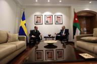(240521) -- AMMAN, May 21, 2024 (Xinhua) -- Jordanian Foreign Minister Ayman Safadi (R) meets with Swedish Foreign Minister Tobias Billstrom in Amman, Jordan, on May 21, 2024. Jordan