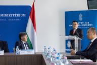 (240521) -- BUDAPEST, May 21, 2024 (Xinhua) -- Gong Tao (Rear), Chinese ambassador to Hungary, speaks during a signing ceremony in Budapest, Hungary, on May 21, 2024. China