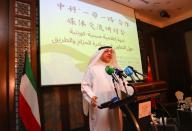 (240522) -- HAWALLI GOVERNORATE, May 22, 2024 (Xinhua) -- Khaled Al-Mahdi, secretary-general of the Supreme Council for Planning and Development in Kuwait, makes a speech at a media seminar on the Belt and Road Initiative (BRI) cooperation in Hawalli Governorate, Kuwait, May 20, 2024. A media seminar on the Belt and Road Initiative (BRI) cooperation, held in Hawalli Governorate of Kuwait on Monday, has drawn much attention and active responses from local societies. The seminar, co-organized by Xinhua News Agency Middle East Bureau and the Chinese embassy, attracted over 70 representatives from Kuwait News Agency, Kuwait State Television, local newspapers and other mainstream media. TO GO WITH "Media seminar on BRI cooperation held in Kuwait" (Xinhua/Sui Xiankai