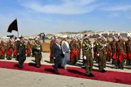 (240522) -- AMMAN, May 22, 2024 (Xinhua) -- Sultan of Oman Haitham bin Tariq Al Said (C-R) and King Abdullah II (C-L) of Jordan review the honor guard during an official welcome ceremony in Amman, Jordan, on May 22, 2024. King Abdullah II of Jordan and Sultan of Oman Haitham bin Tariq Al Said stressed on Wednesday the urgent need to reach an immediate and permanent ceasefire in the Gaza Strip. (Photo by Mohammad Abu Ghosh/Xinhua