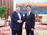 (240523) -- BEIJING, May 23, 2024 (Xinhua) -- Chinese Vice President Han Zheng meets with Agustin Carstens, general manager of the Bank for International Settlements (BIS), in Beijing, capital of China, May 23, 2024. (Xinhua/Yao Dawei