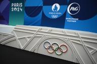 (240524) -- SAINT DENIS, May 24, 2024 (Xinhua) -- Photo taken on May 23, 2024 shows the details of the Paris 2024 podium during an unveiling ceremony of the podiums of the Paris 2024 Olympics and Paralympics held in Saint Denis, near Paris, France. (Photo by Julien Mattia/Xinhua