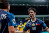 (240524) -- PASIG CITY, May 24, 2024 (Xinhua) -- Kim Varga Franz (R) and Lucas Werelius of the Philippines celebrate after scoring during the 2024 Men
