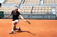 (240524) -- PARIS, May 24, 2024 (Xinhua) -- Rafael Nadal of Spain returns the ball during a training session at Roland Garros, Paris, France, May 24, 2024. (Xinhua/Meng Dingbo