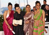 (240526) -- CANNES, May 26, 2024 (Xinhua) -- Indian director Payal Kapadia (2nd L) poses with cast members after she won the Grand Prix for the film "All We Imagine as Light" during the Closing Ceremony at the 77th edition of the Cannes Film Festival in Cannes, southern France, on May 25, 2024. (Xinhua/Gao Jing