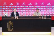 (240528) -- TUBIZE, May 28, 2024 (Xinhua) -- Domenico Tedesco (R), head coach of Belgium, speaks during a press conference to announce the team squad for upcoming Euro 2024 at the Belgian football association in Tubize, Belgium, May 28, 2024. (Xinhua/Zhao Dingzhe