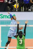 (240529) -- MANILA, May 29, 2024 (Xinhua) -- Anagha Radhakrishnan of India (L) spikes the ball during the 5th-6th final match in the Asian Women