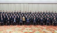 (240529) -- BEIJING, May 29, 2024 (Xinhua) -- Party and state leaders Xi Jinping, Li Qiang, Cai Qi, Ding Xuexiang and Li Xi meet with police personnel attending a national conference on public security work at the Great Hall of the People in Beijing, capital of China, May 28, 2024. (Xinhua/Ju Peng