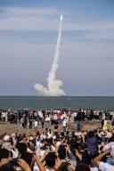 (240529) -- RIZHAO, May 29, 2024 (Xinhua) -- A sea-borne variant of commercial rocket CERES-1 carrying a group of four satellites blasts off from the waters surrounding the east China