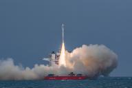 (240530) -- BEIJING, May 30, 2024 (Xinhua) -- A sea-borne variant of commercial rocket CERES-1 carrying a group of four satellites blasts off from the waters surrounding the east China