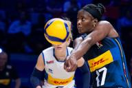 (240530) -- MACAO, May 30, 2024 (Xinhua) -- Myriam Fatime Sylla (R) of Italy passes the ball during the preliminary match between Italy and the Dominican Republic at the Women