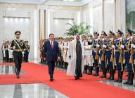 (240530) -- BEIJING, May 30, 2024 (Xinhua) -- Chinese President Xi Jinping holds a welcome ceremony for President of the United Arab Emirates (UAE) Sheikh Mohamed bin Zayed Al Nahyan in the Northern Hall of the Great Hall of the People prior to their talks in Beijing, capital of China, May 30, 2024. Xi held talks with Sheikh Mohamed in Beijing on Thursday. Sheikh Mohamed, who is in China on a state visit, attended the opening ceremony of the 10th ministerial conference of the China-Arab States Cooperation Forum. (Xinhua/Rao Aimin