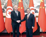 (240530) -- BEIJING, May 30, 2024 (Xinhua) -- Chinese Premier Li Qiang meets with Tunisian President Kais Saied at the Diaoyutai State Guesthouse in Beijing, capital of China, May 30, 2024. Kais Saied, who is in China on a state visit, attended the opening ceremony of the 10th ministerial conference of the China-Arab States Cooperation Forum. (Xinhua/Liu Weibing