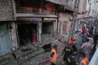 (240531) -- HYDERABAD, May 31, 2024 (Xinhua) -- Rescuers work at a gas cylinder explosion site in Hyderabad, Pakistan, May 30, 2024. A gas cylinder explosion injured at least 40 people, mostly women and children, in Pakistan