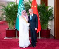 (240531) -- BEIJING, May 31, 2024 (Xinhua) -- Chinese Foreign Minister Wang Yi, also a member of the Political Bureau of the Communist Party of China Central Committee, meets with Saudi Foreign Minister Prince Faisal bin Farhan Al Saud, who is in China for the 10th ministerial conference of the China-Arab States Cooperation Forum, in Beijing, capital of China, May 31, 2024. (Xinhua/Zhai Jianlan
