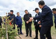 (240601) -- HOHHOT, June 1, 2024 (Xinhua) -- Chinese Vice Premier He Lifeng, also a member of the Political Bureau of the Communist Party of China Central Committee, investigates the progress of desertification prevention and control in Hexigten Banner, north China