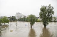 (240602) -- FRANKFURT, June 2, 2024 (Xinhua) -- This photo taken on June 2, 2024 shows a flooded area as the water level of the Danube river has risen in Ulm, southern German state of Baden-Wuerttemberg. Heavy rains have caused catastrophic flooding in southern Germany, prompting the evacuation of over 600 people from their homes, local media reported. Continuous rainfall over several days has caused water levels to rise in several rivers in Germany, including the Donau, Neckar, and Guenz, leading to widespread flooding in coastal cities and towns. Water levels in many areas have reached their highest levels in a century. The two southern German states of Bavaria and Baden-Wuerttemberg are the hardest hit. (Xinhua/Zhang Fan