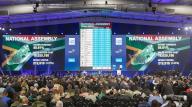 (240603) -- MIDRAND, June 3, 2024 (Xinhua) -- An electronic screen shows the final results of seat allocation in the National Assembly in South Africa
