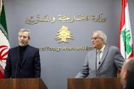 (240603) -- BEIRUT, June 3, 2024 (Xinhua) -- Iranian Caretaker Foreign Minister Ali Bagheri Kani (L) and Lebanese Foreign Minister Abdallah Bou Habib attend a press conference in Beirut, Lebanon, June 3, 2024. Iranian Caretaker Foreign Minister Ali Bagheri Kani on Monday called for convening an emergency ministerial meeting of the Organization of Islamic Cooperation to take collective steps against the Israeli offensive in the Gaza Strip. TO GO WITH "Iranian FM proposes emergency OIC meeting for confronting Israeli offensive in Gaza" (Xinhua/Bilal Jawich
