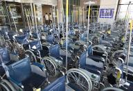 Wheelchairs at hospital Wheelchairs are placed at an entrance of a general hospital in Seoul on April 28, 2024. (Yonhap)\/2024-04-28 14:44:43\/ < 1980-2024 YONHAPNEWS AGENCY.