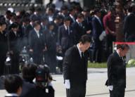 Yoon attends remembrance ceremony for 1980 pro-democracy uprising President Yoon Suk Yeol (2nd from R) pays his respects to the victims of the Gwangju Democratization Movement at the May 18th National Cemetery in Gwangju, 267 kilometers south of Seoul, on May 18, 2024, the 44th anniversary of the pro-democracy uprising. (Pool photo) (Yonhap)/2024-05-18 11:46:43/ < 1980-2024 YONHAPNEWS AGENCY. 